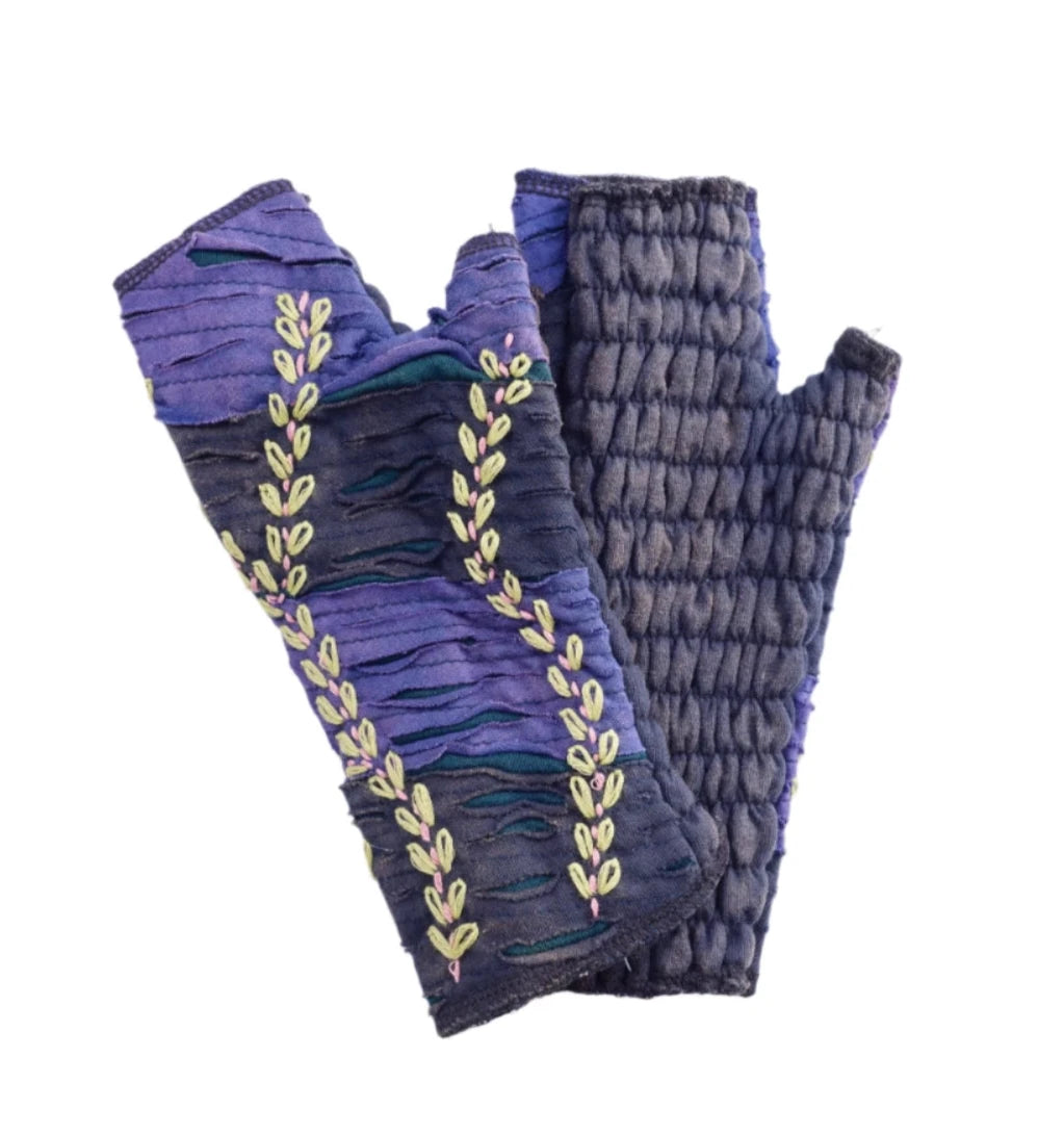 Windhorse Trading 8128BU BLUE Leaf Embroidered Cotton Hand Warmer Fingerless Gloves