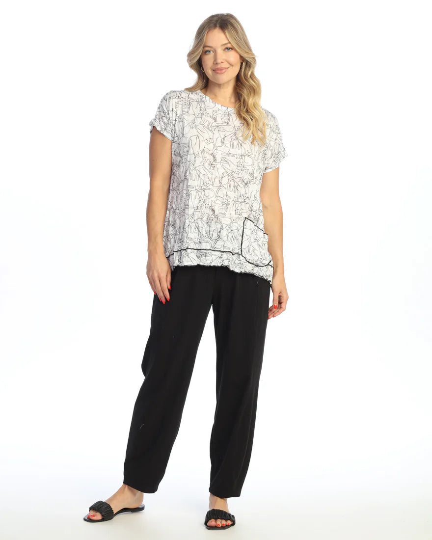 Jess & Jane RC81686 CAT MISCHIEF Crushed Burnout Short Sleeve Top With Layer Look And Pocket