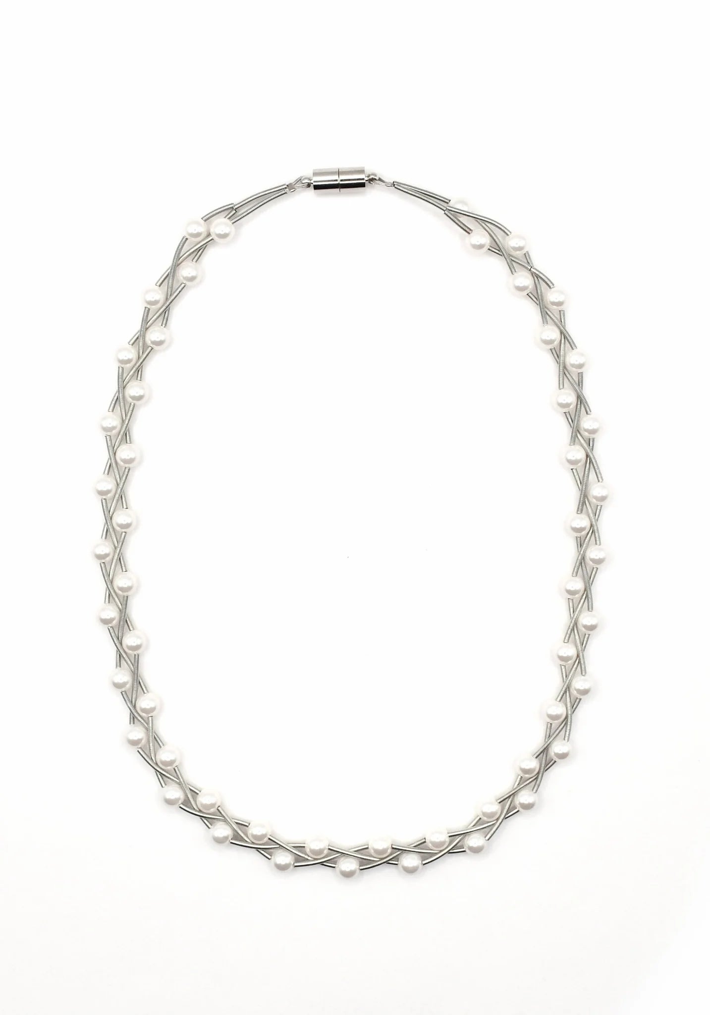 Sea Lily S159A Braided Silver Wire Necklace With Small Mother Of Pearls Intertwined