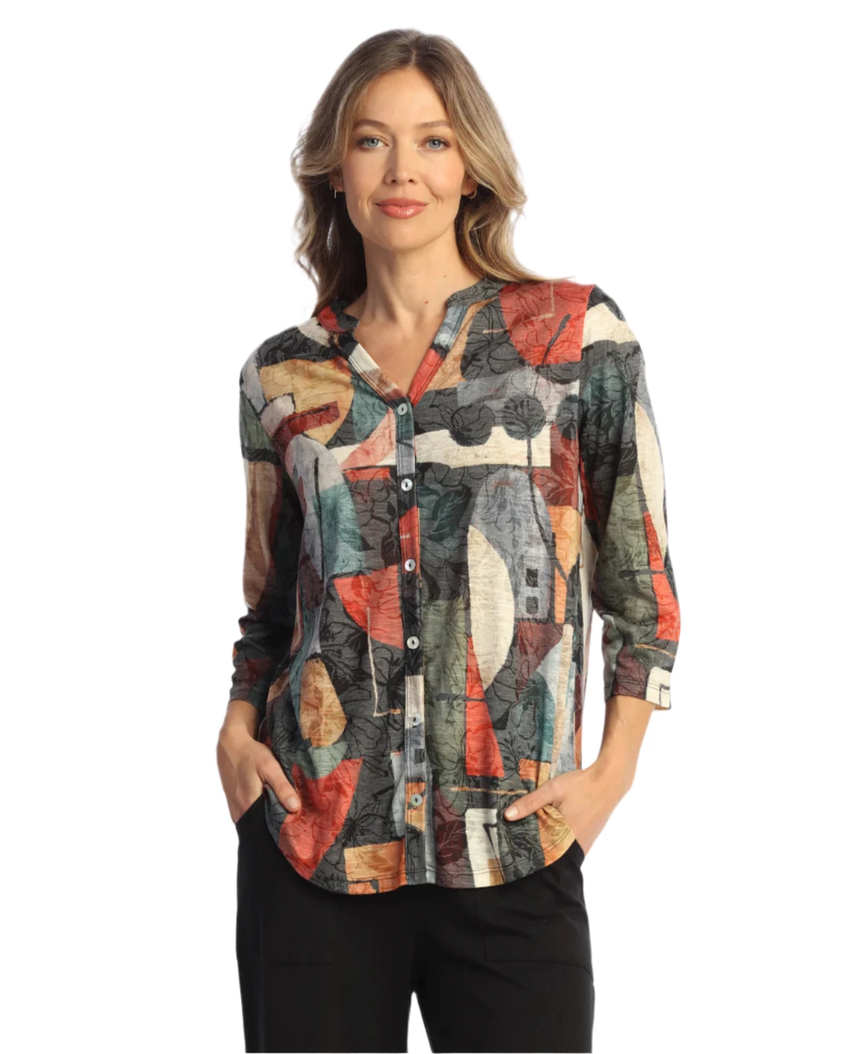 Jess & Jane SG22138 CUBISM Mandarin Collar Button Down Shirt