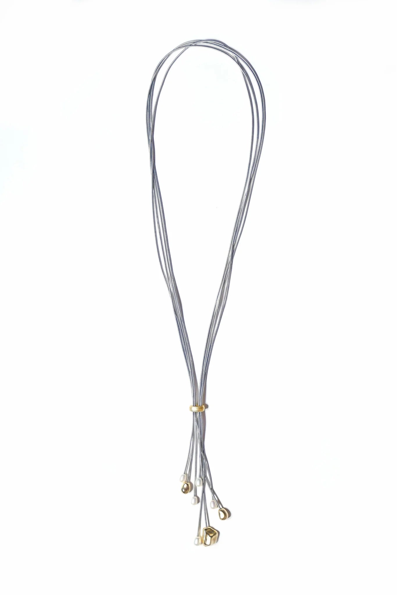 Sea Lily SH57S Silver 4 Strand Wire Lariat Necklace With Dangling Pearls And Silver Beads