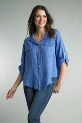 Tempo Paris 1321AI Ink Linen Button Front Blouse With Embroidered Collar Fringe Hem & Pocket Tops