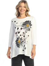 Jess & Jane M622101 WHITE RETRO Mineral Washed 100% Cotton Tunic Top With Asymmetric Linen Contrast And Patch Pocket