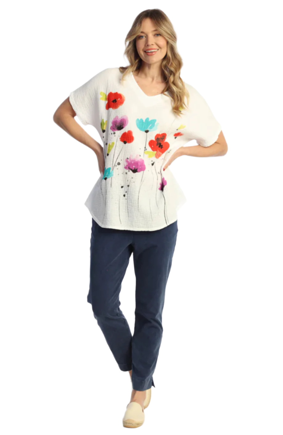 Jess & Jane M104-1578 JOYFUL White Mineral Wash 100% Cotton Double Gauze V-Neck Short Sleeve Top