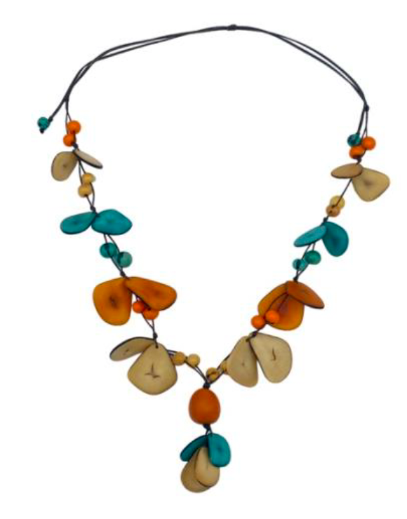 Canoa TSL6 TEAL ORANGE TAN Tassels Tagua Necklace