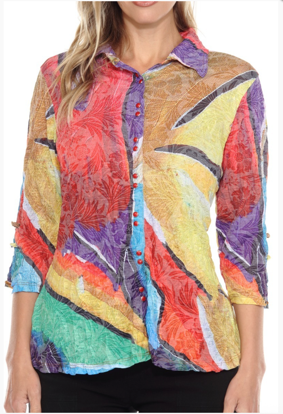 Carine BC25453 ISLAND FLARE Burnout Crinkle Sabrina Shirt