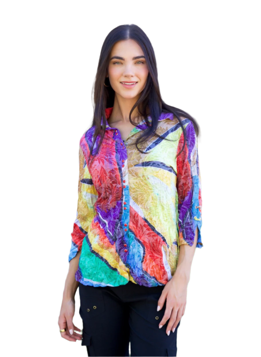 Carine BC25453 ISLAND FLARE Burnout Crinkle Sabrina Shirt