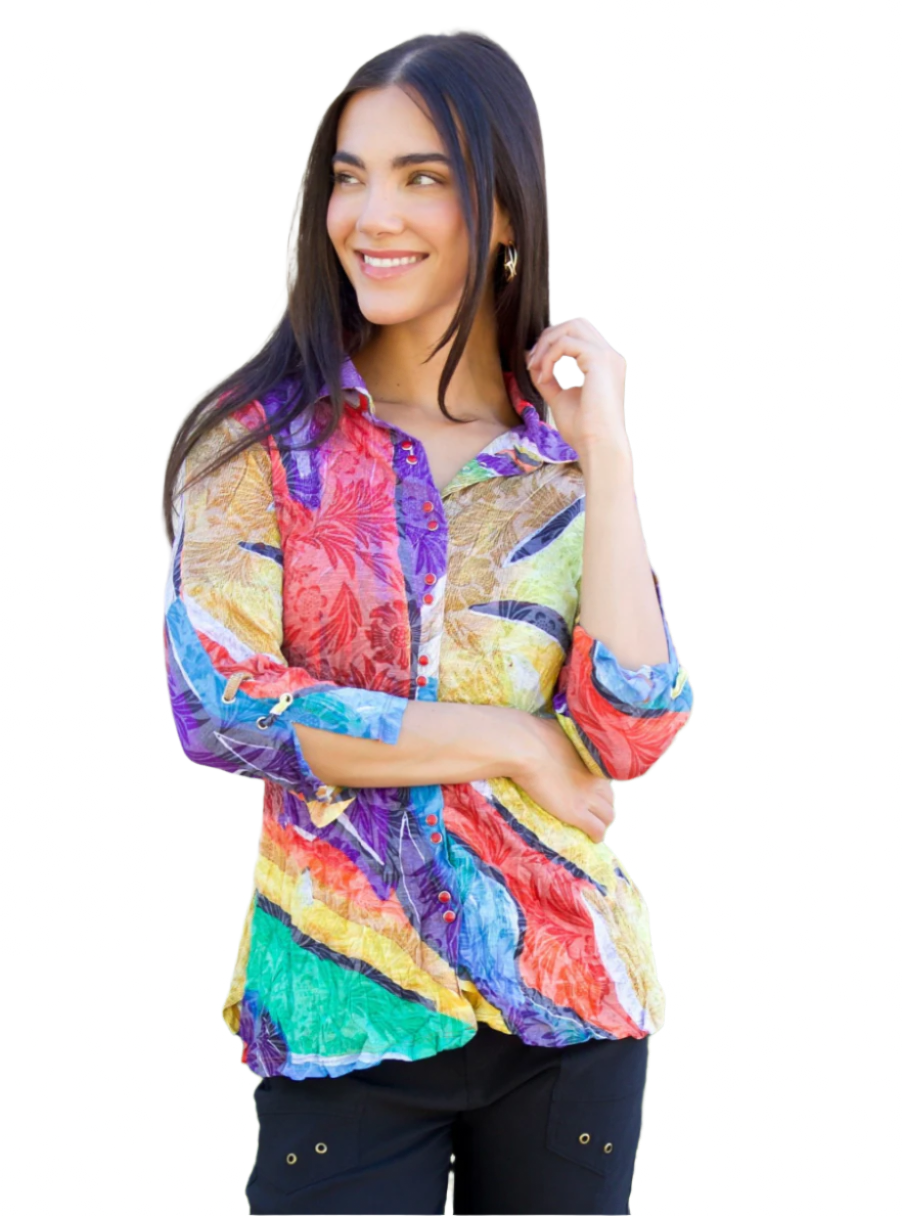 Carine BC25453 ISLAND FLARE Burnout Crinkle Sabrina Shirt