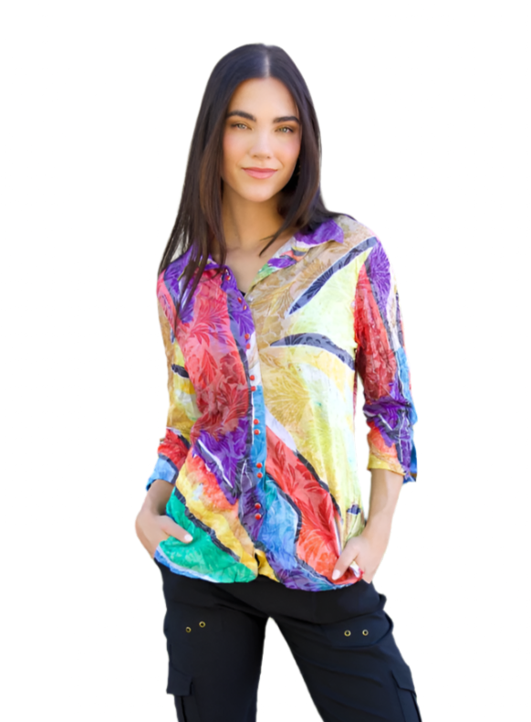 Carine BC25453 ISLAND FLARE Burnout Crinkle Sabrina Shirt