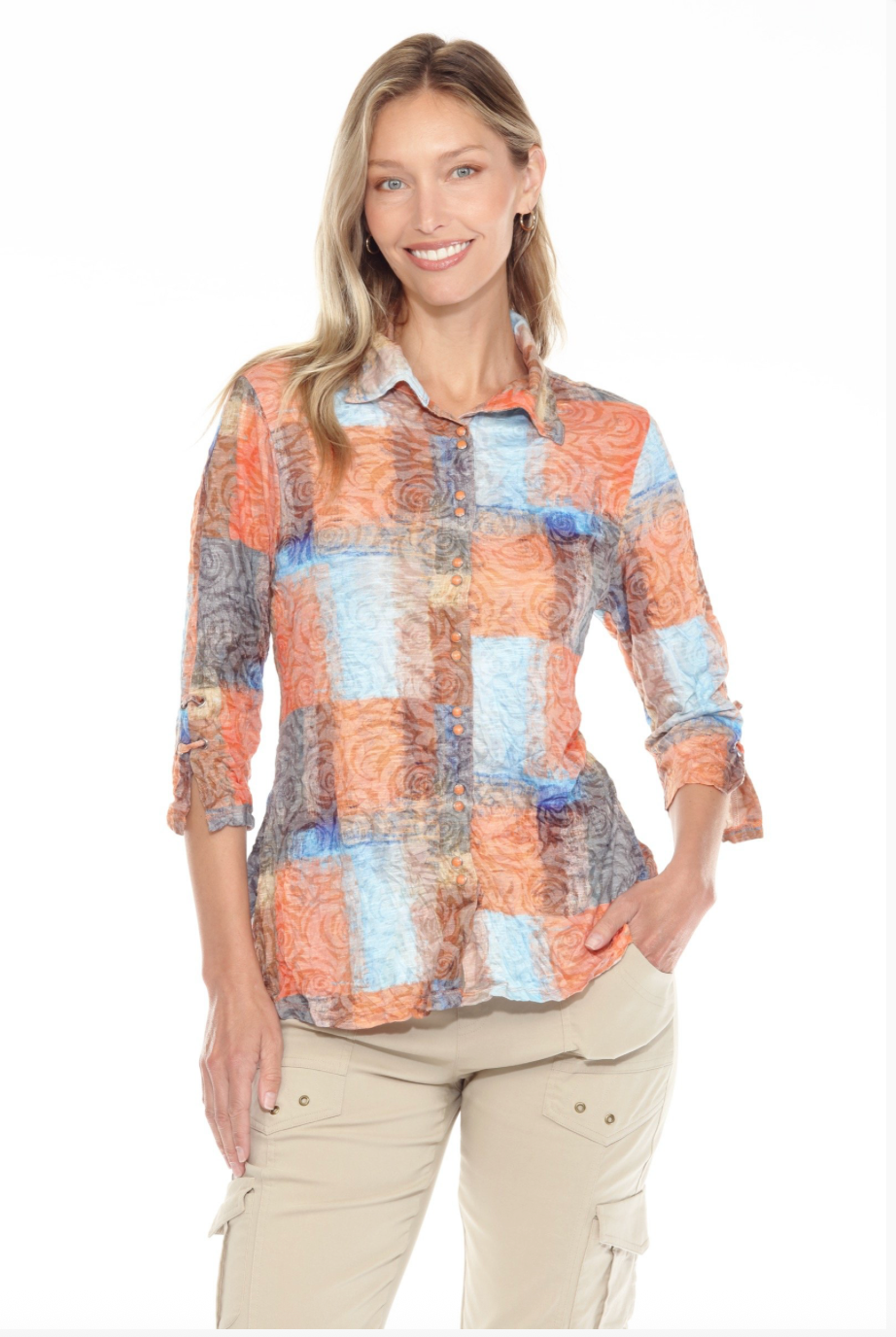 Carine BC25158 SUNSET WEAVE Burnout Crinkle Sabrina Shirt