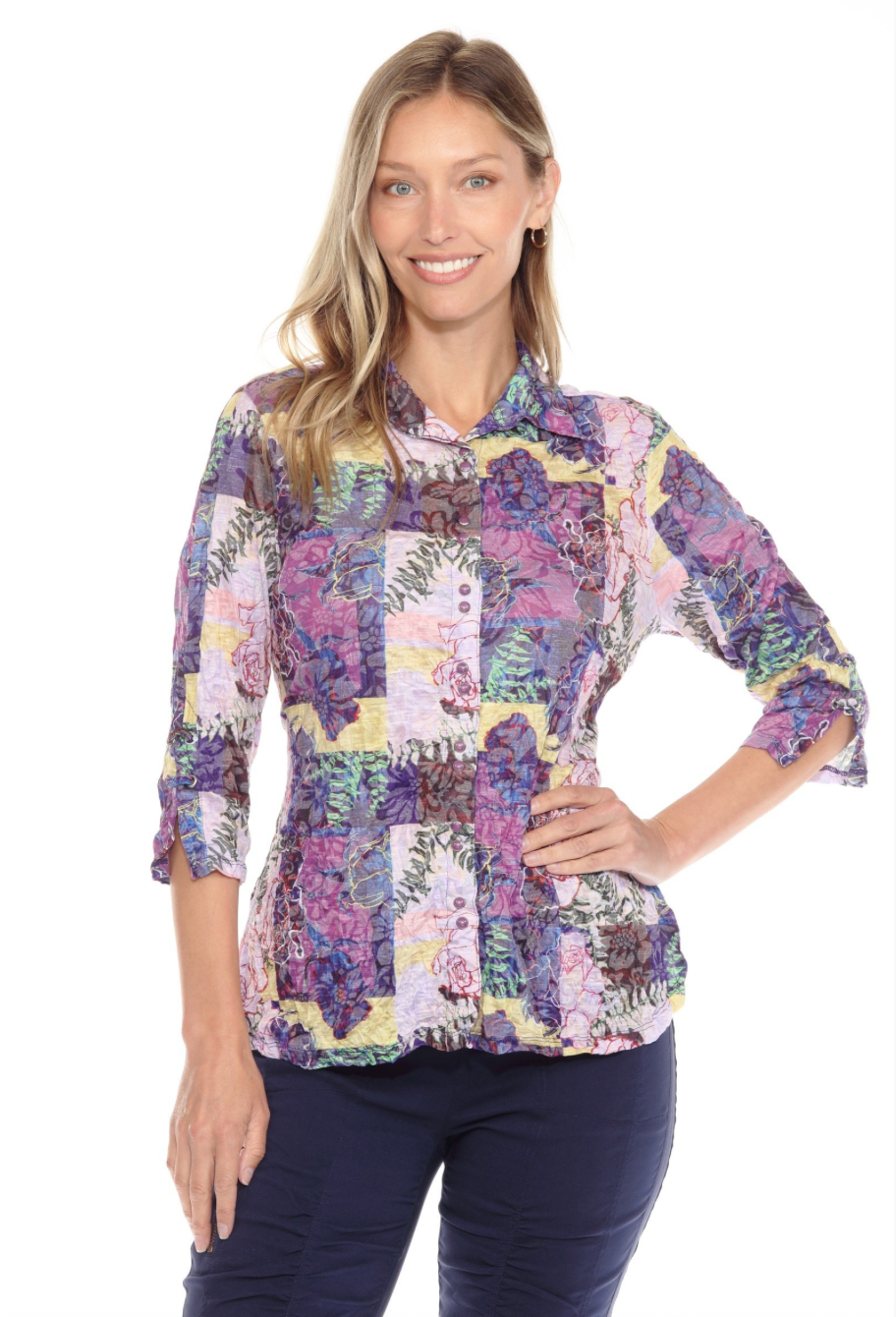 Carine BC25142 ORCHID MOSAIC Burnout Crinkle Sabrina Shirt
