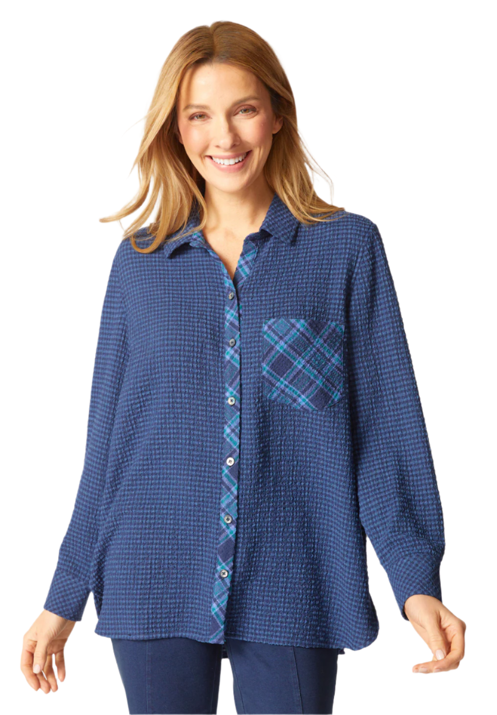 Habitat 40241NV NAVY Girl Gone Plaid Boyfriend Pocket Shirt