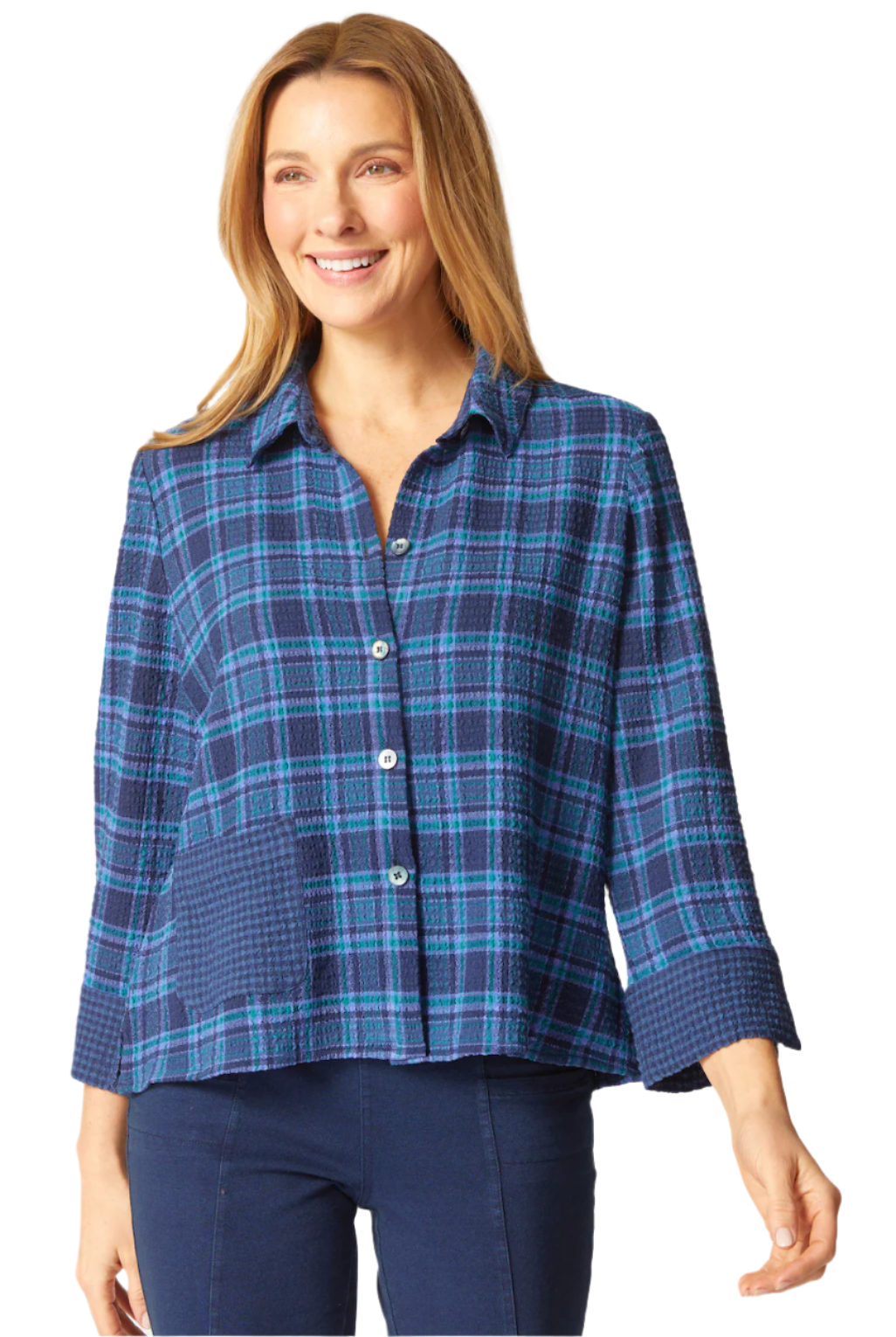 Habitat 40290NV NAVY Girl Gone Plaid Button Front Mixed Pocket Shirt