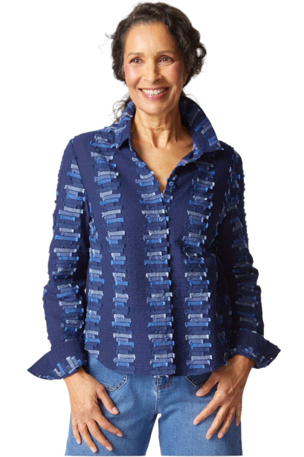 Habitat 49224NV NAVY Embroidered Cotton Shaped Hem Button Front Shirt