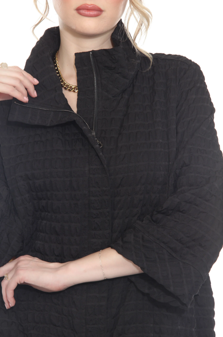 Moonlight 4062BK Black Textured Crinkle Hidden Placket Zip Front Top