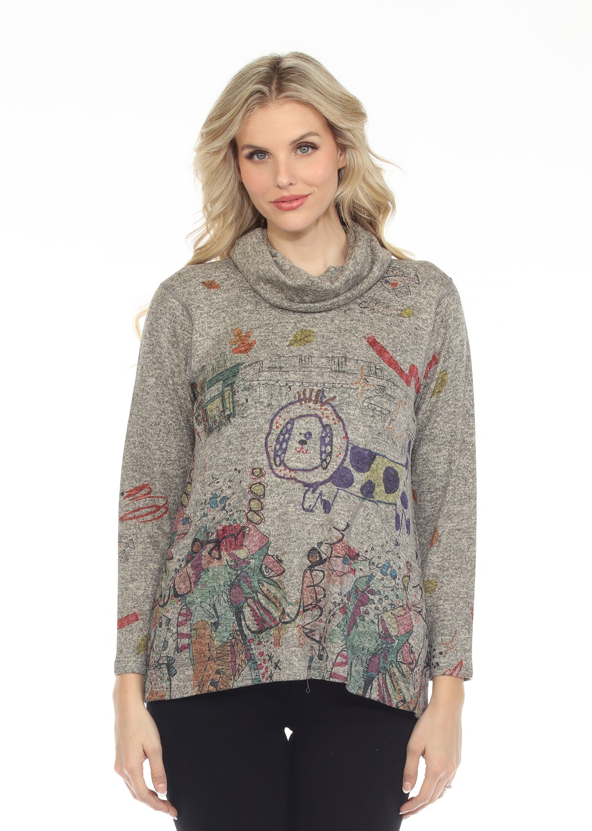 Inoah T1536CNP PONGO'S DAY OUT Brushed Long Sleeve Cowl Neck Sharkbite Hem Top With Pockets