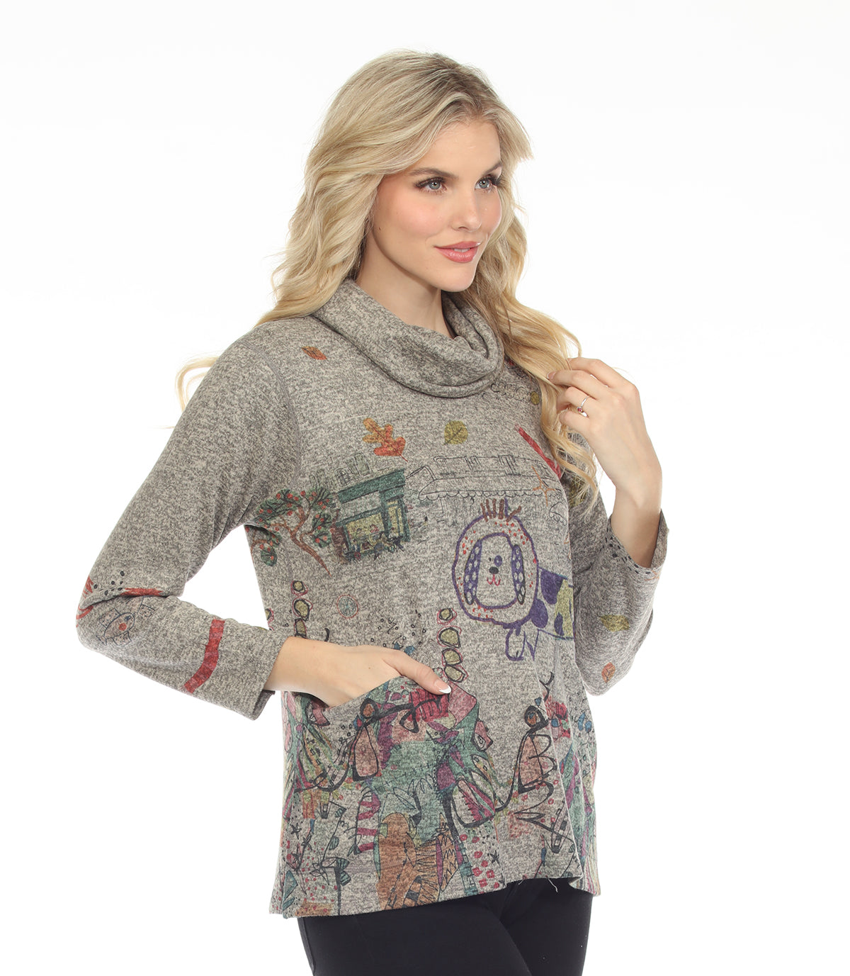 Inoah T1536CNP PONGO'S DAY OUT Brushed Long Sleeve Cowl Neck Sharkbite Hem Top With Pockets