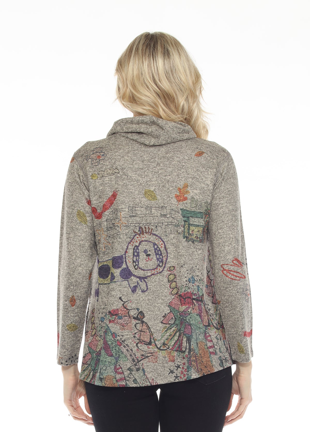 Inoah T1536CNP PONGO'S DAY OUT Brushed Long Sleeve Cowl Neck Sharkbite Hem Top With Pockets