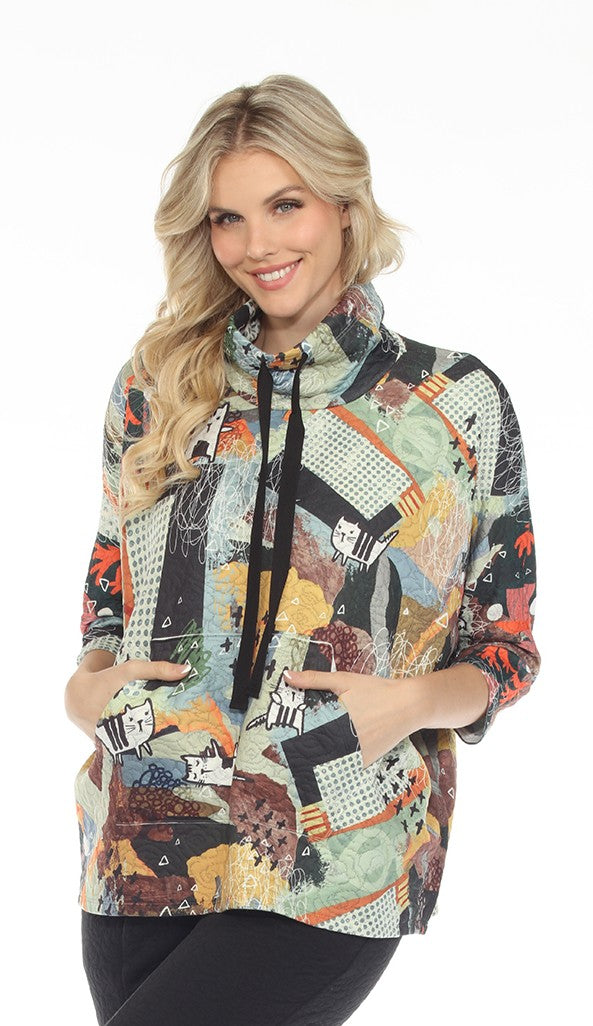 Inoah T809NBC CAT-TASTIC DAY Printed Oversized Cowl Neck 3/4 Sleeve Pullover