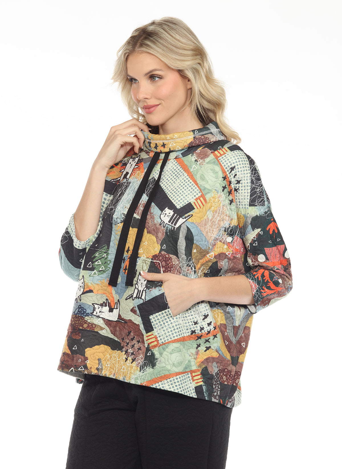 Inoah T809NBC CAT-TASTIC DAY Printed Oversized Cowl Neck 3/4 Sleeve Pullover