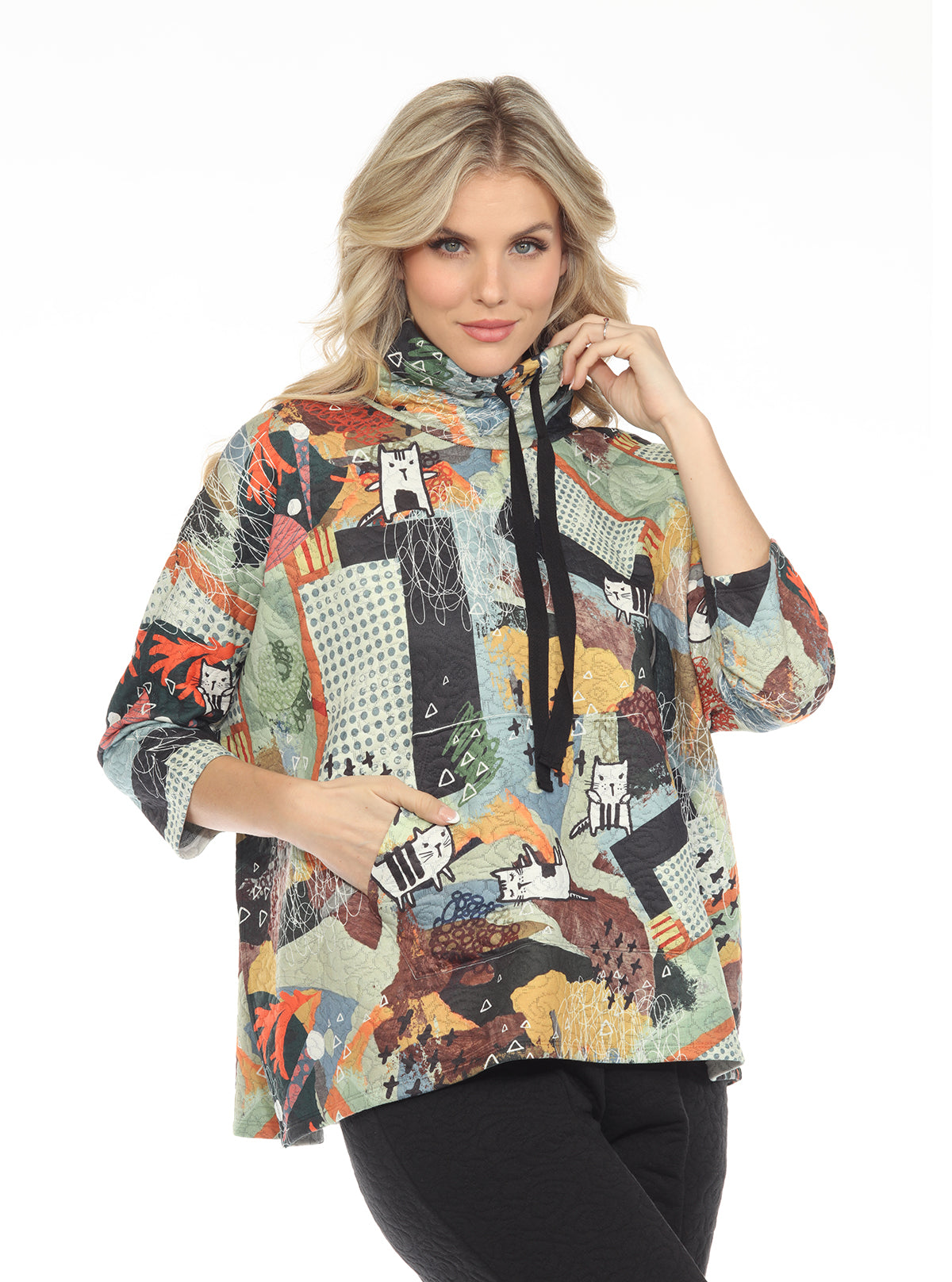 Inoah T809NBC CAT-TASTIC DAY Printed Oversized Cowl Neck 3/4 Sleeve Pullover