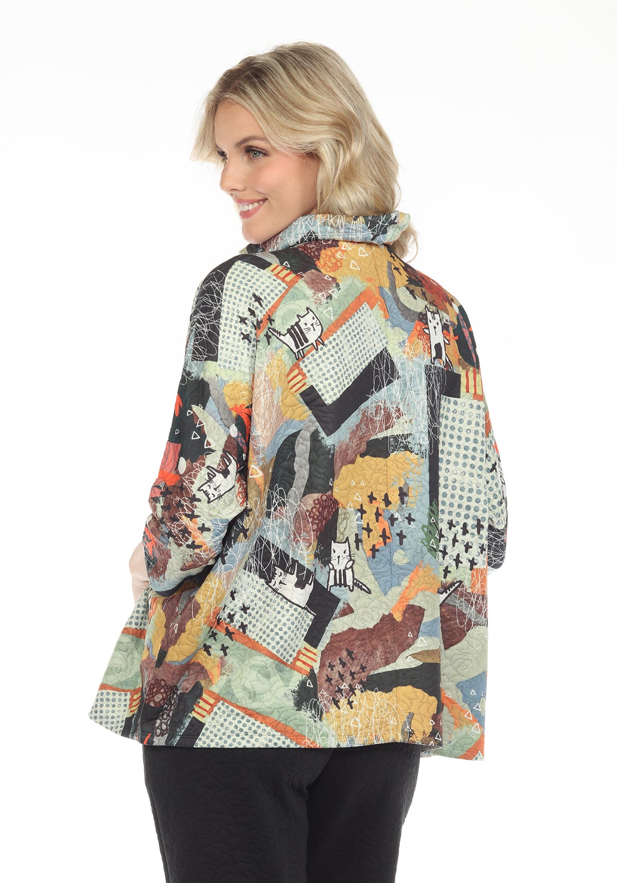Inoah T809NBC CAT-TASTIC DAY Printed Oversized Cowl Neck 3/4 Sleeve Pullover
