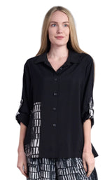 Shana 25502BK Solid Black Shirt With Black and White Print Front and Sleeve Details