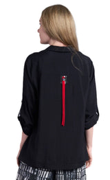 Shana 25502BK Solid Black Shirt With Black and White Print Front and Sleeve Details