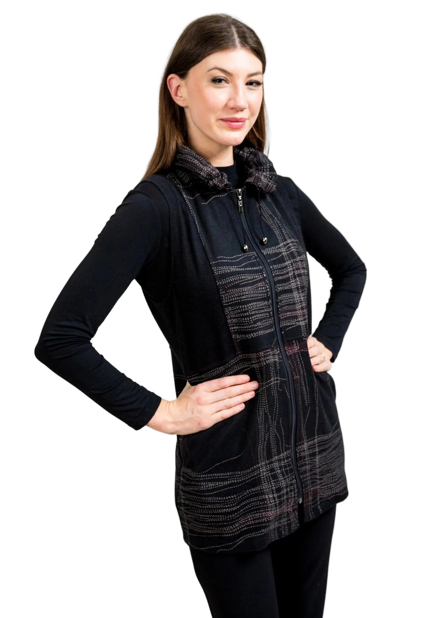 Trisha Tyler TT11950 Red Tan Black Zip Up Vest With Drawstring Collar