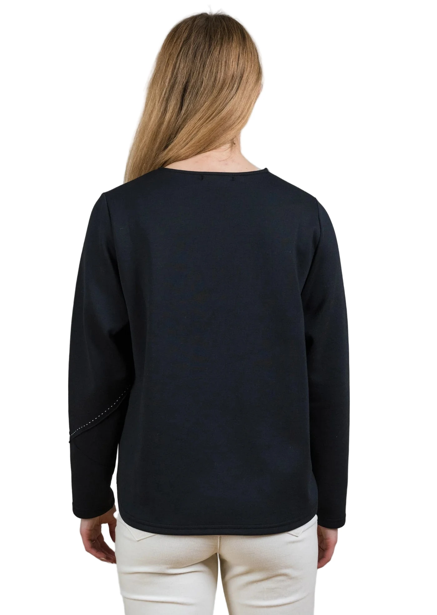 Trisha Tyler TT11986BK Black Pick Stitch Crew Neck Long Sleeve Sweater With Hi-Lo Hemline