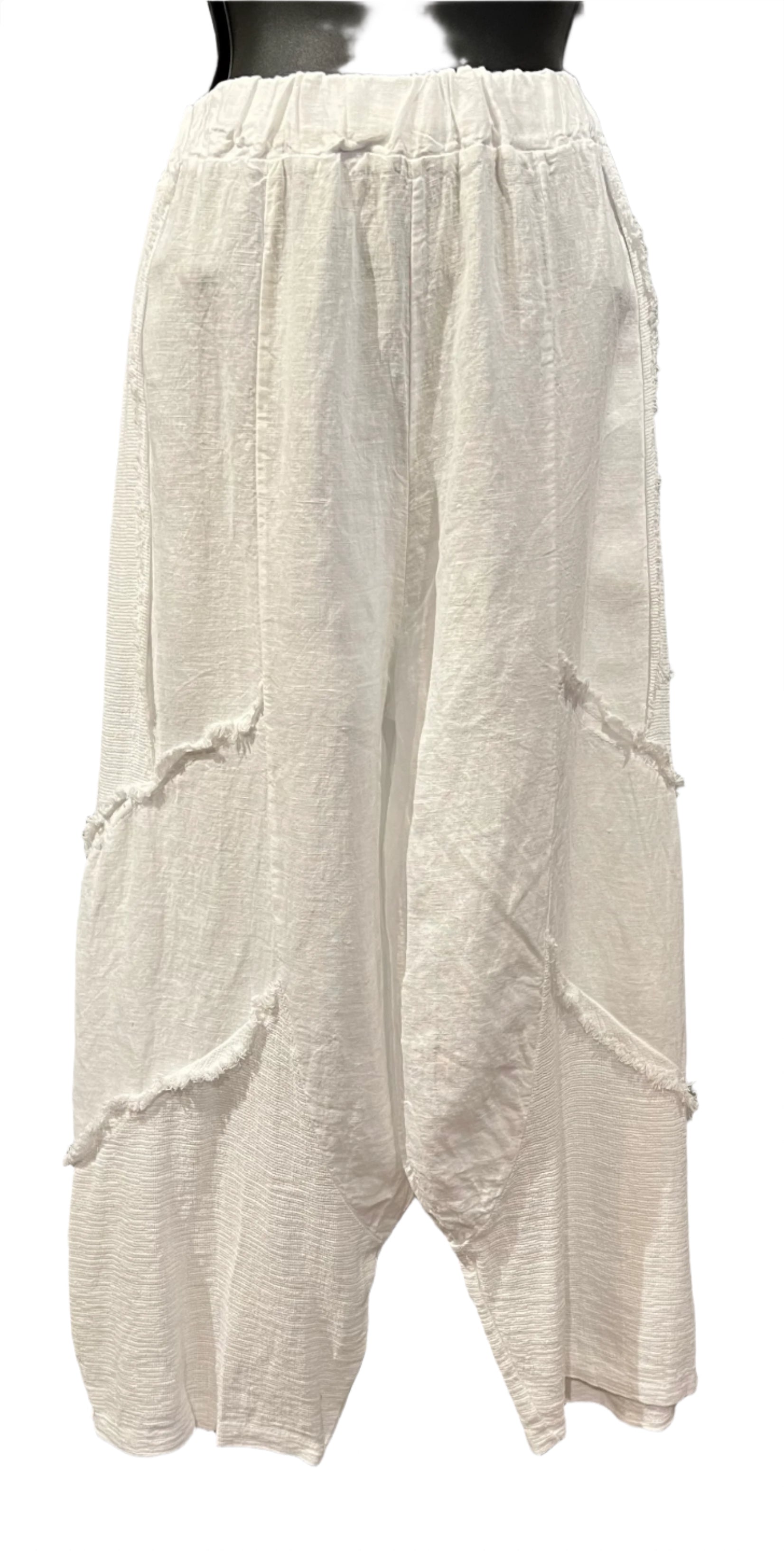 Plum Loco RO2126W WHITE One Size Cotton Gauze & Linen Fringe Pant