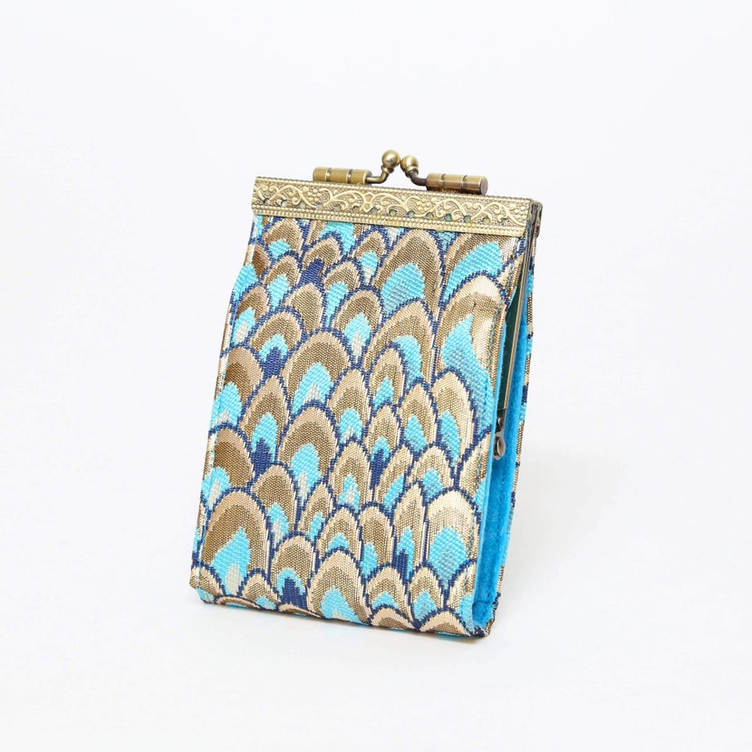 Cathayana CHR-103 Gold & Teal Feather Brocade Card Wallet With RFID Protection