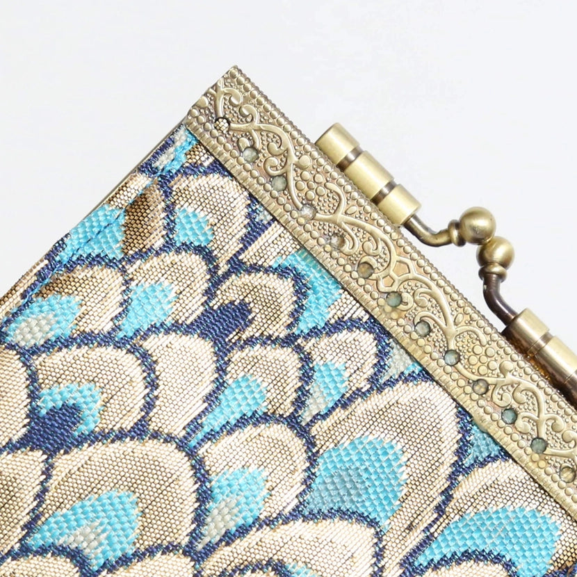 Cathayana CHR-103 Gold & Teal Feather Brocade Card Wallet With RFID Protection