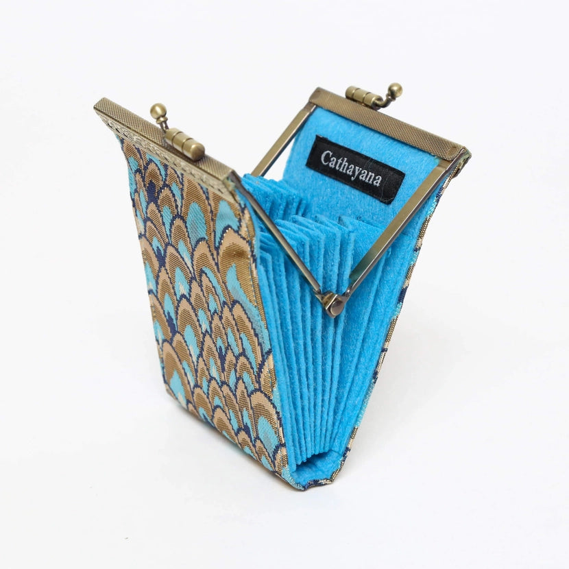 Cathayana CHR-103 Gold & Teal Feather Brocade Card Wallet With RFID Protection