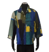 Shana 25504GN Blue Green Printed Button Front 3/4 Sleeve Shirt With Button Accents On Back