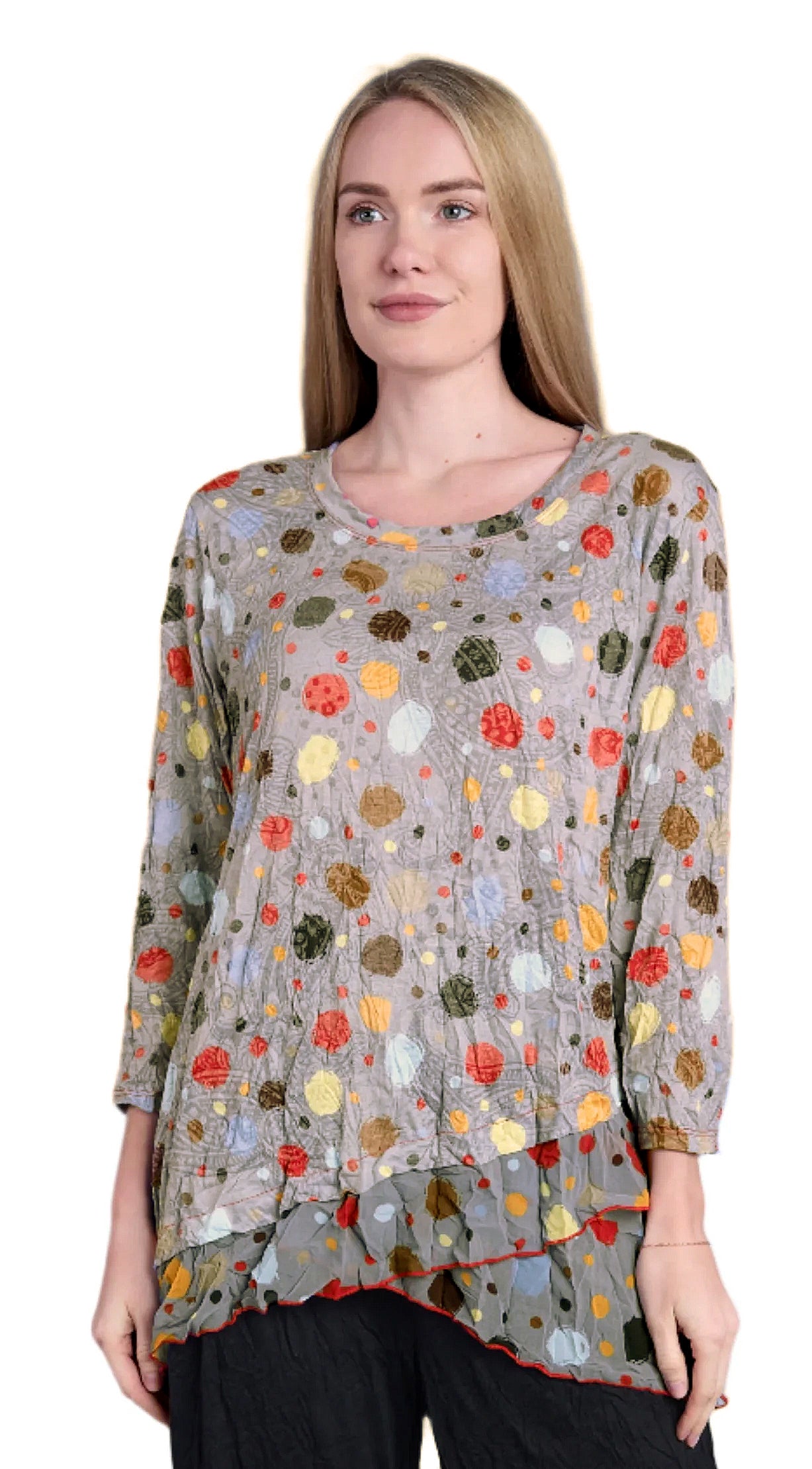 Shana 25619C Circles Crinkle Mesh Layer Top