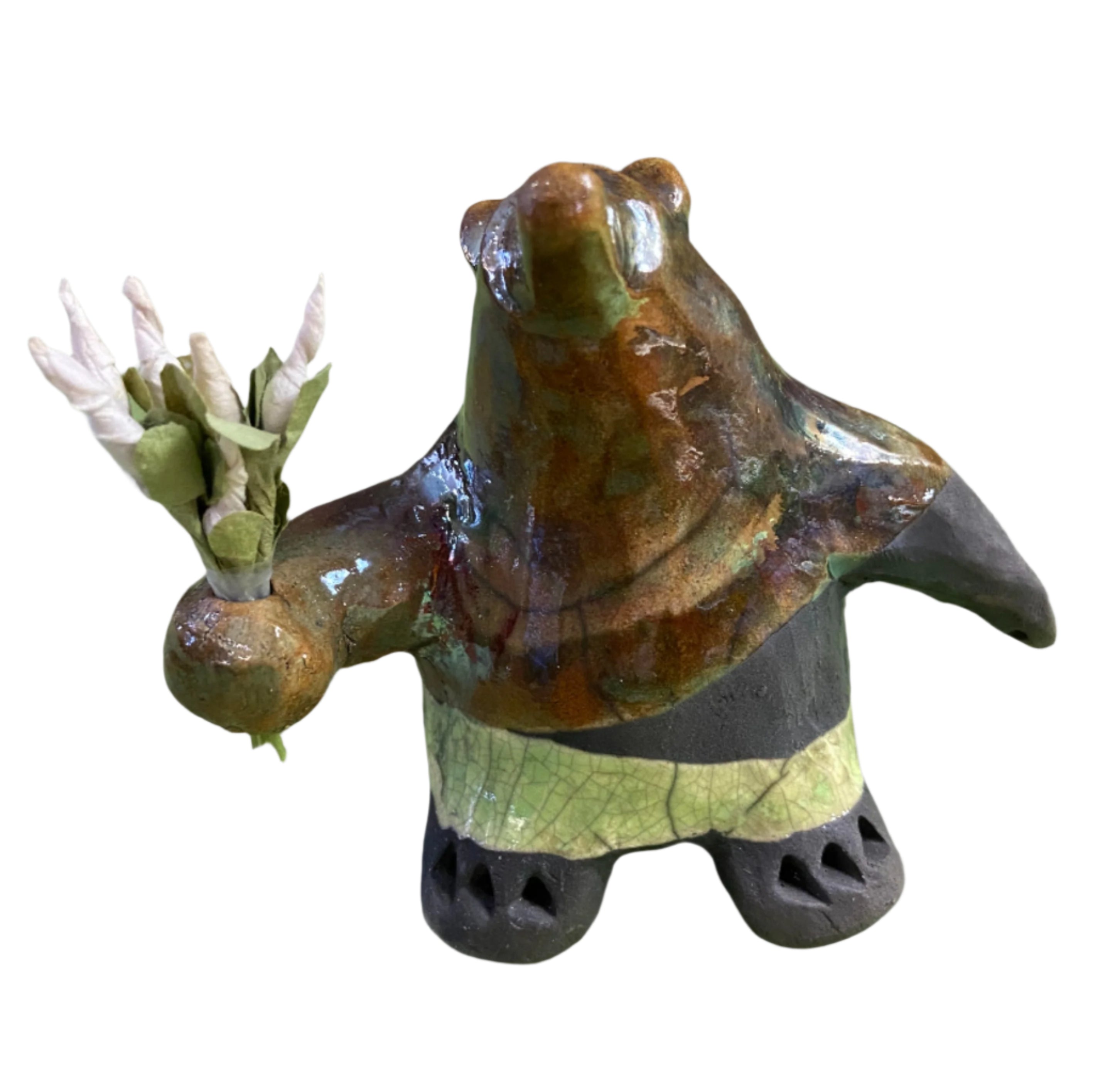 Alan Potter BEARSMF Small Bear With Green Copper Accent Holding Flowers
