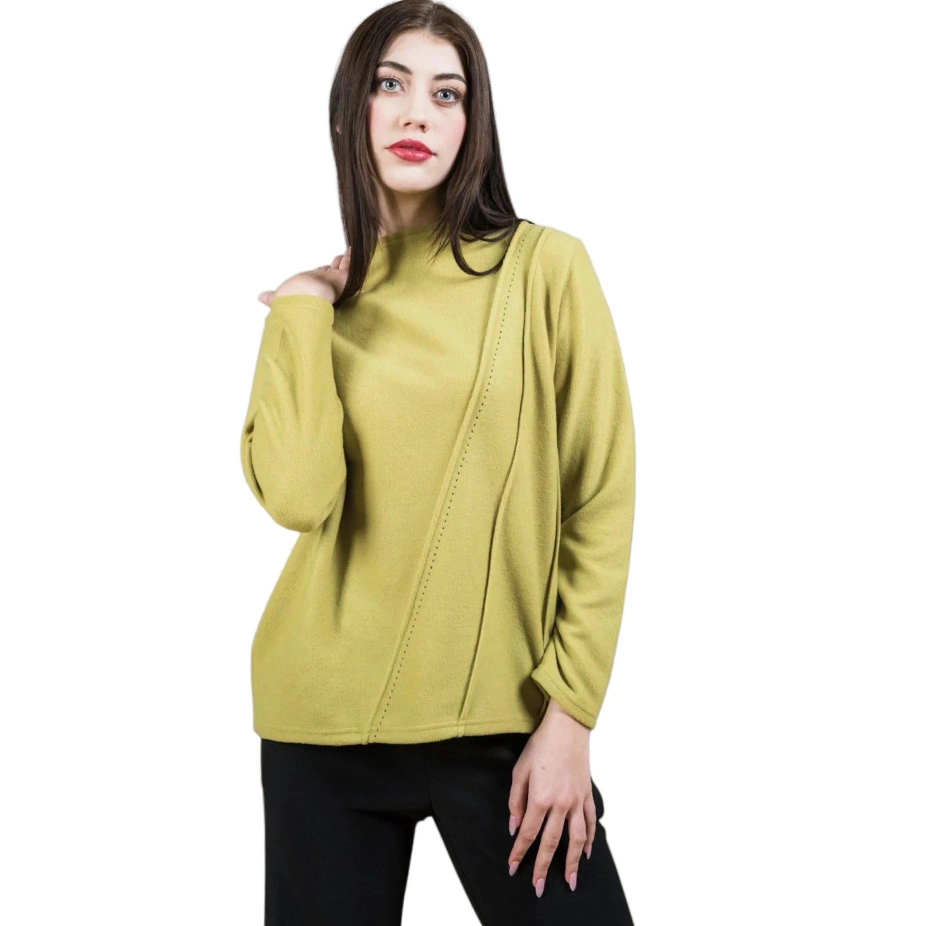 Trisha Tyler TT11981L Lime Long Sleeve Angled Self-Embroidered Mock Neck Sweater