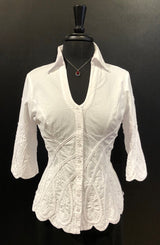 Gretty Zueger Embroidered 3/4 Sleeve White Button Down Top