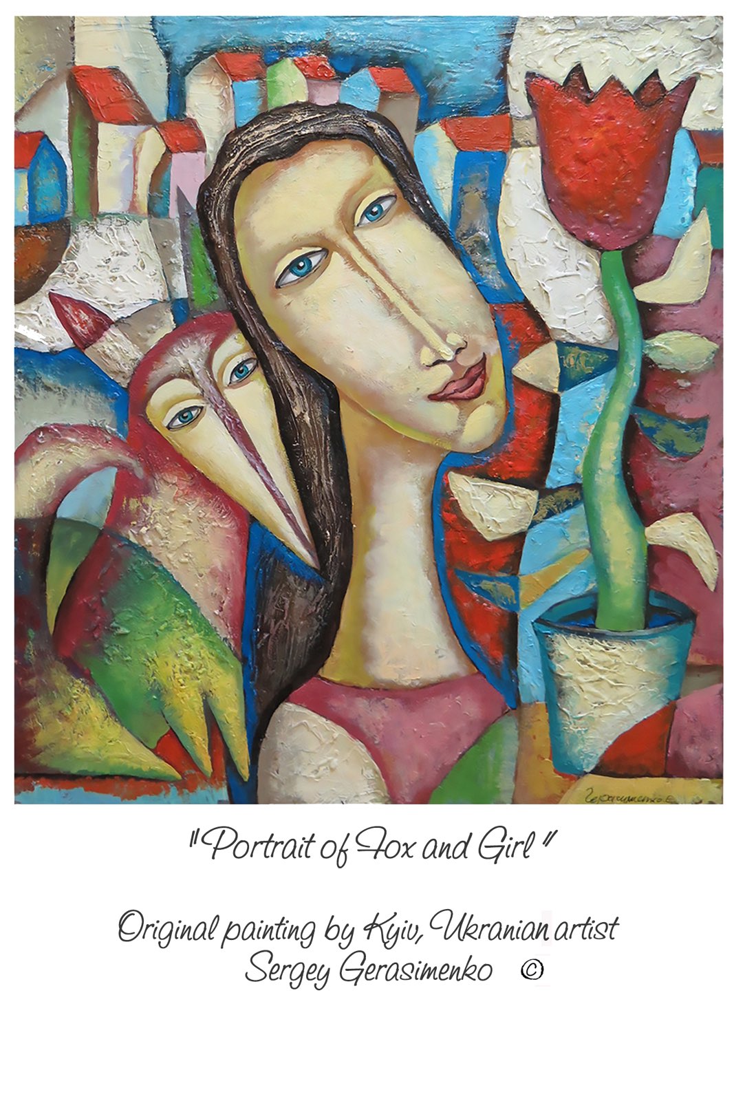 Sergei Gerasimenko PORTRAIT OF FOX & GIRL Blank Note Card