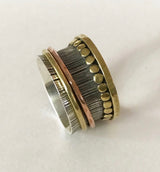 Ritual Ring SG0106 - Curved Spinning Ring With Scrathed Textured Sterling Silver Base Ring W/Brass Bottom, Brass Decorative Dots & Two Narrow Round Thread Brass/Copper Spinning Rings