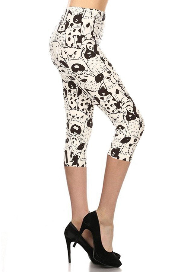 Leggings Depot CPR-S679W WHITE DOGS One Size Capri Leggings