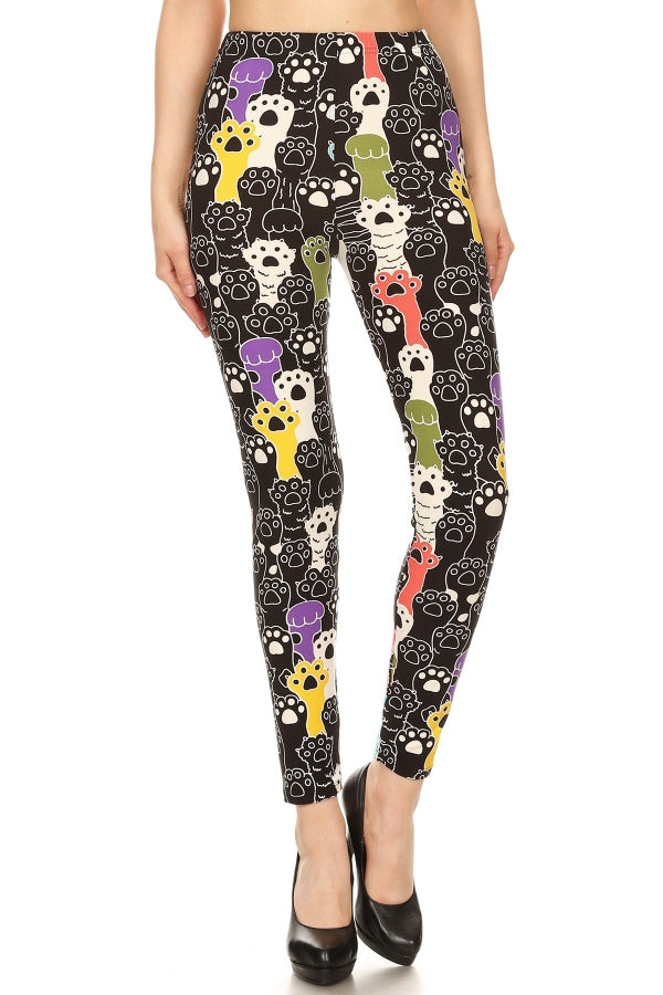 Leggings Depot LDR-S535W 1" ELASTIC WAISTBAND MULTICOLOR PAW PRINT One Size Full Length Leggings