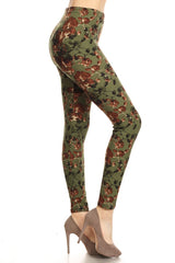 Leggings Depot LDR-S612 Green With Red Flowers Full Length One Size Leggings