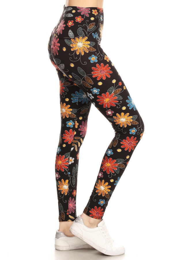Leggings Depot LY5R-S758 5" YOGA WAISTBAND FLOWER POWER One Size Full Length Leggings