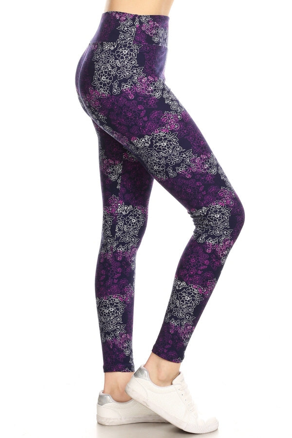 Leggings Depot LYR-R597 PURPLE BLACK GREY FLORAL One Size Full Length Leggings