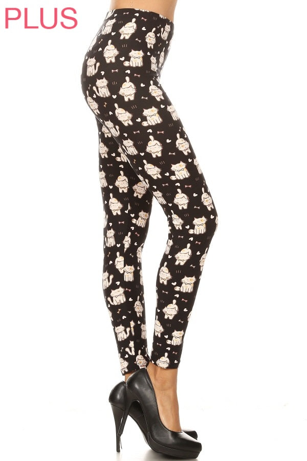 Leggings Depot LDX-S503W 1" ELASTIC WAISTBAND PLUS CATS ON BLACK One Size Full Length Leggings