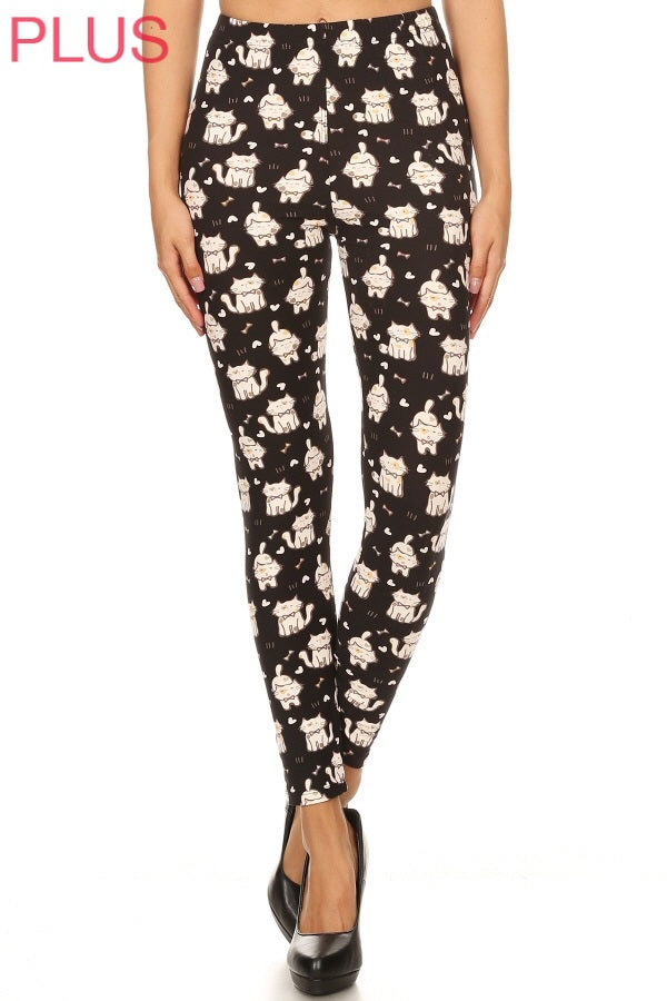 Leggings Depot LDX-S503W 1" ELASTIC WAISTBAND PLUS CATS ON BLACK One Size Full Length Leggings
