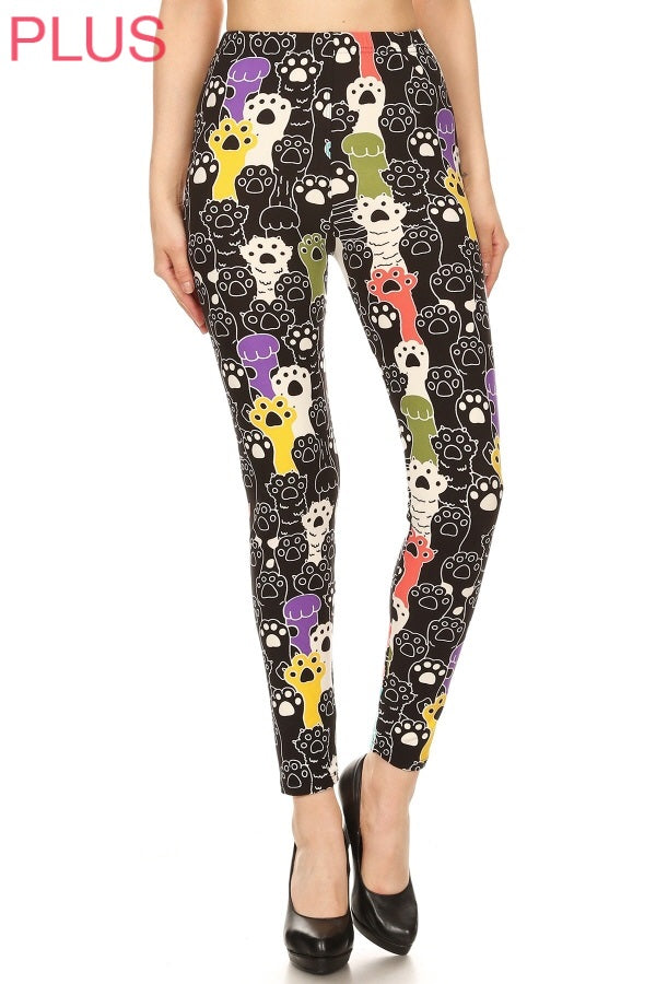 Leggings Depot LDX-S535W 1" ELASTIC WAISTBAND MULTICOLOR PAW PRINT PLUS One Size Full Length Leggings