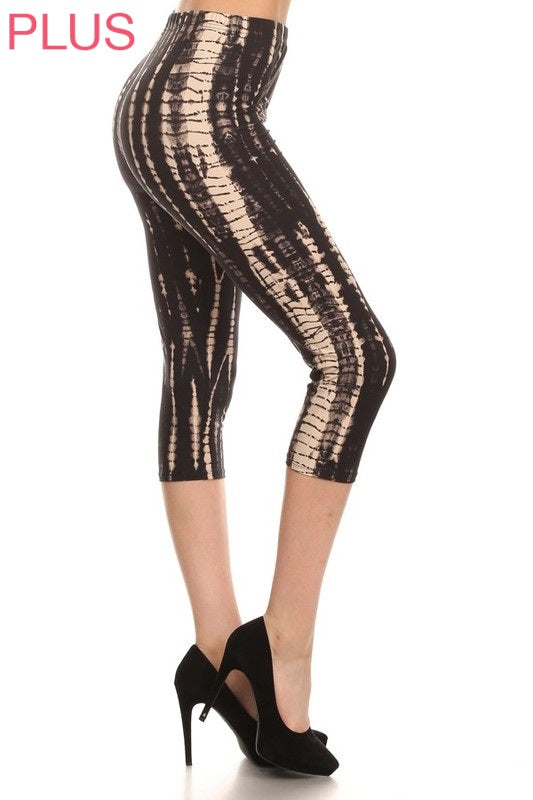 Leggings Depot CPX-S709 BLACK TAN TIE DYE PLUS One Size Crop Leggings